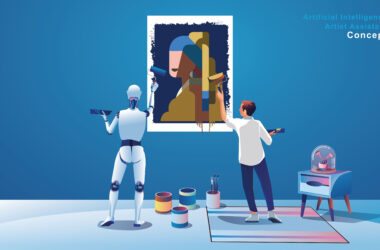 Robot Painting Creating Artwork, artificial intelligence artist assistant, the image generated by artificial intelligence. Prompt craft and prompt artists are disrupting traditional artists with robot
