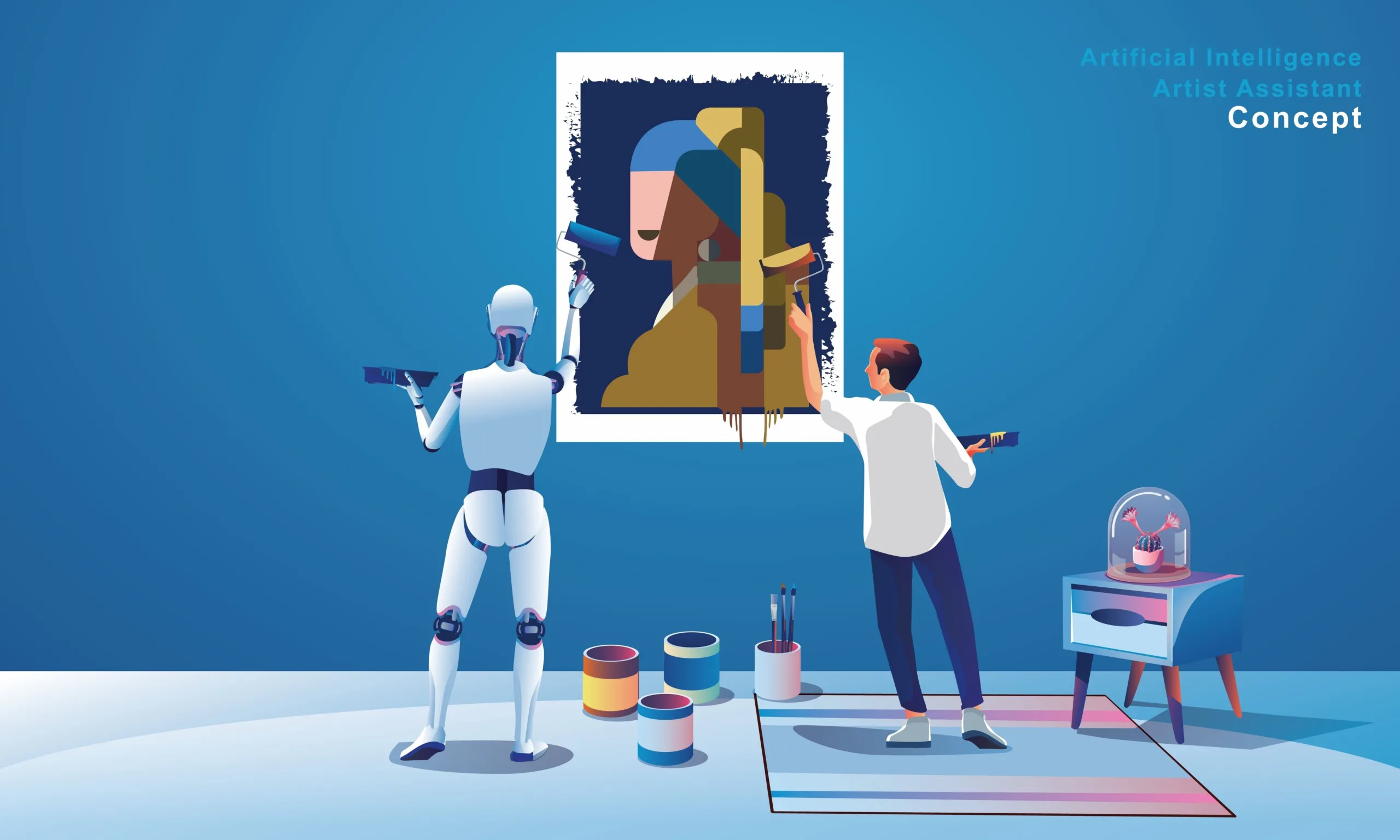Robot Painting Creating Artwork, artificial intelligence artist assistant, the image generated by artificial intelligence. Prompt craft and prompt artists are disrupting traditional artists with robot