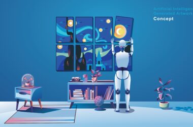 Robot Painting Creating Artwork, artificial intelligence artist assistant, the image generated by artificial intelligence. Prompt craft and prompt artists are disrupting traditional artists with robot