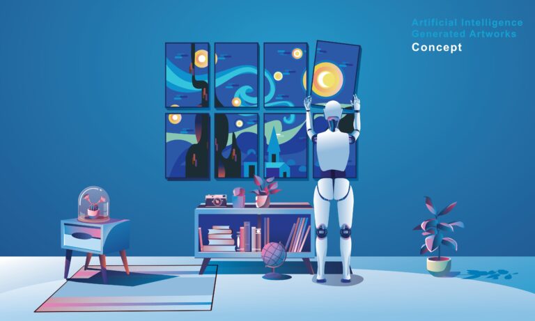 Robot Painting Creating Artwork, artificial intelligence artist assistant, the image generated by artificial intelligence. Prompt craft and prompt artists are disrupting traditional artists with robot